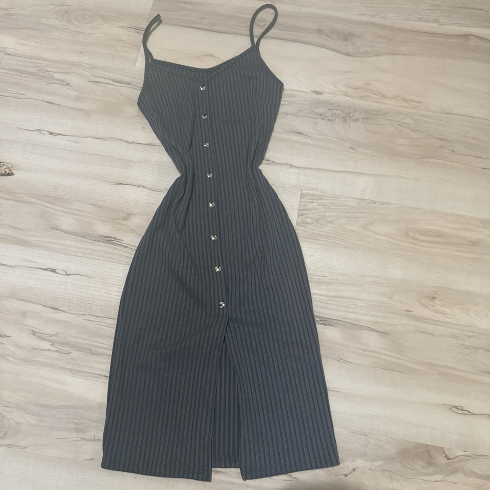Sleeveless Black Pinstripe Button-Front Midi Dress